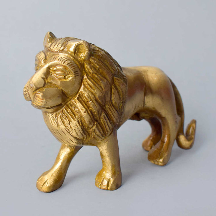 3-inch handcrafted brass lion idol, symbolizing strength, bravery, and courage, with intricate detailing and a majestic stance. Ideal for home décor or as a powerful spiritual symbol. India’s Largest Pooja Accessories Brand – www.satvikworld.com