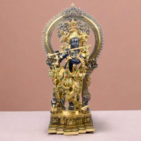 32 Inch Lord Krishna Stands on an Engraved Base with Frame – A majestic brass idol of Lord Krishna standing gracefully on an engraved base, framed beautifully for a divine addition to your home temple or spiritual decor. India’s Largest Pooja Accessories Brand – www.satvikworld.com