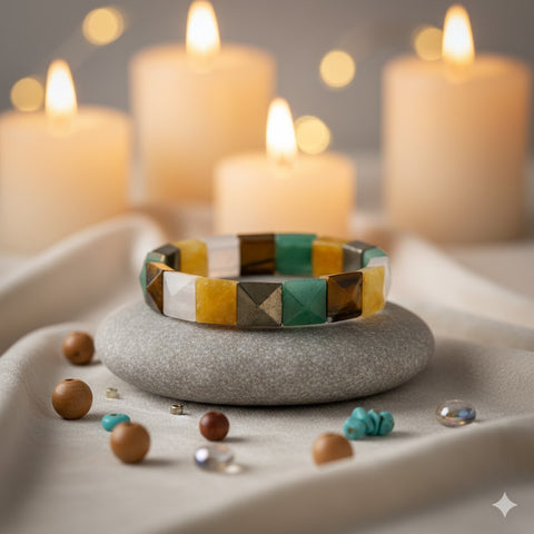 Money magnet flat rectangular bead healing stone bracelet with pyrite aventurine citrine crystals. India’s Largest Pooja Accessories Brand - www.satvikworld.com