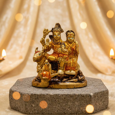 3-inch Shiv Parivaar idol featuring Lord Shiva, Goddess Parvati, Lord Ganesha, and Lord Kartikeya, with Nandi, the divine bull, intricately detailed in brass. Symbolizing family blessings, harmony, and spiritual protection. India’s Largest Pooja Accessories Brand – www.satvikworld.com