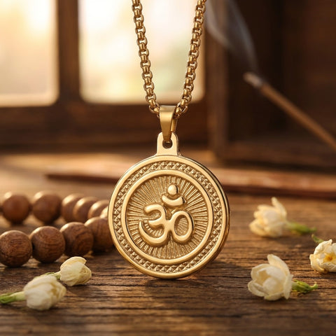 Om gold plated pendant with premium IGP coating featuring sacred Om symbol – spiritual pendant for daily wear and meditation. India’s Largest Pooja Accessories Brand - www.satvikstore.in