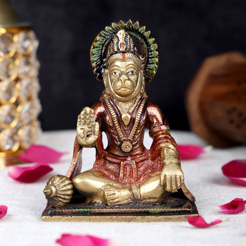 4.3 inch pure brass Hanuman idol for home and pooja, handcrafted Bajrangbali murti for devotion and spiritual protection. No.1 Brass Idol Store www.satvikworld.com
