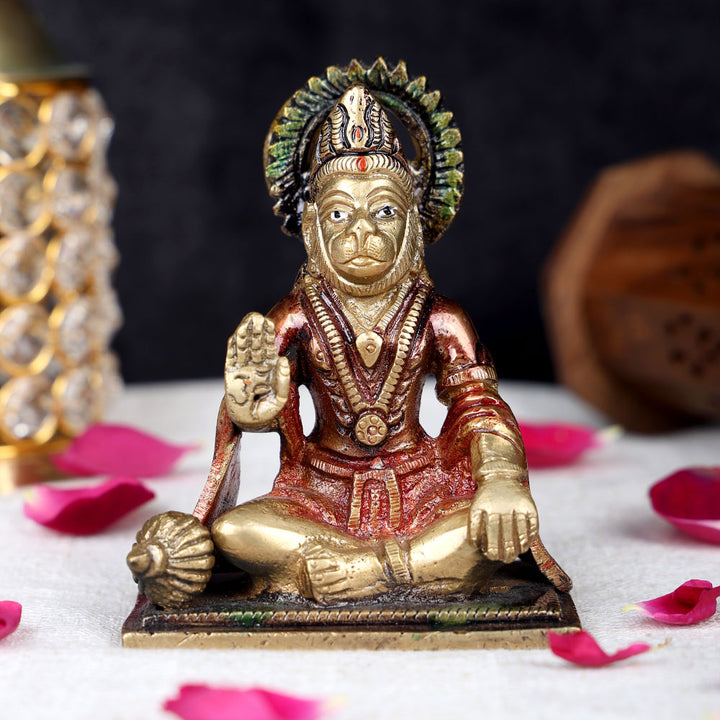 4.3 inch pure brass Hanuman idol for home and pooja, handcrafted Bajrangbali murti for devotion and spiritual protection. No.1 Brass Idol Store www.satvikworld.com
