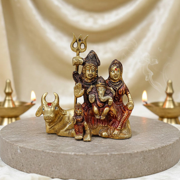 4.7-inch Sampurna Shiv Parivaar idol, intricately crafted to depict Lord Shiva, Goddess Parvati, Lord Ganesha, Lord Kartikeya, and Nandi. A perfect addition to pooja rooms, home temples, or as a spiritual gift symbolizing family, love, and divine blessings. India’s Largest Pooja Accessories Brand – www.satvikworld.com