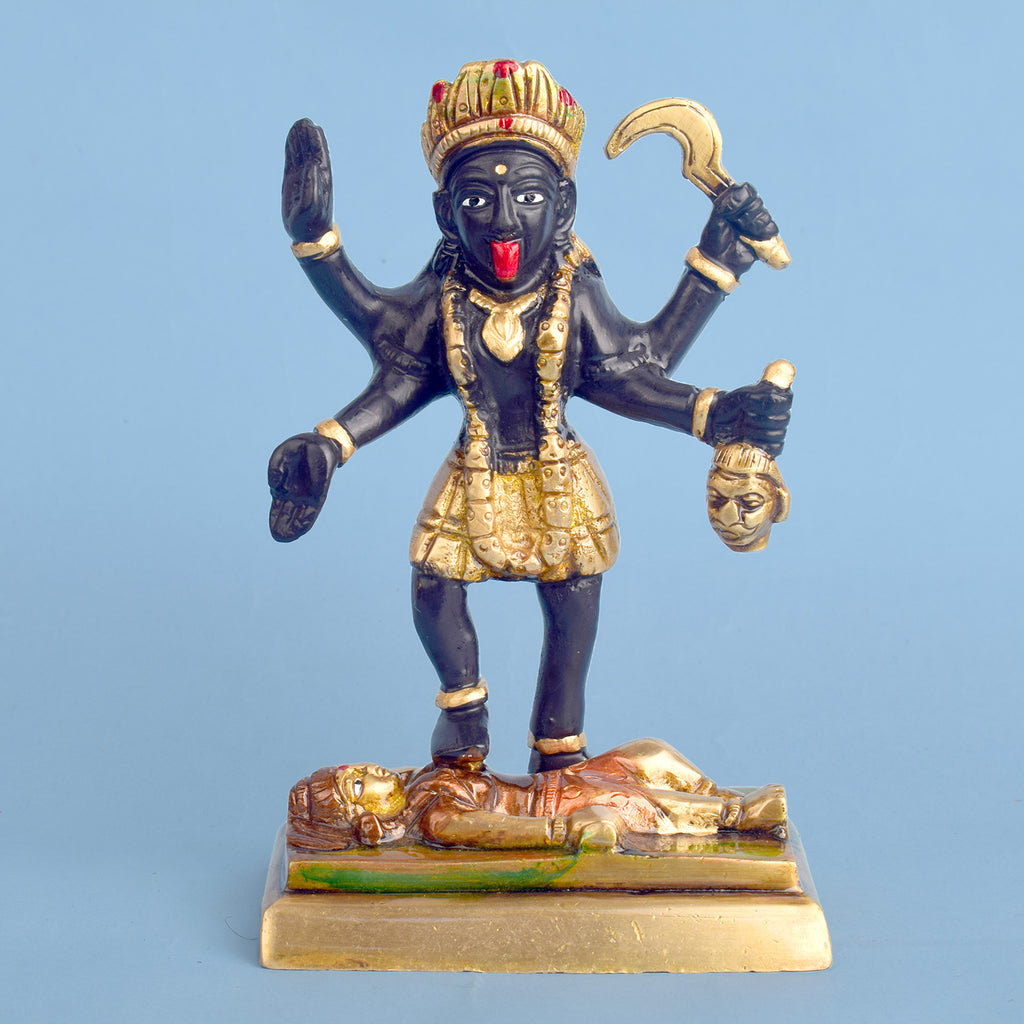5.9 Inch Brass Kali Mata Sculpture Brass Statue featuring intricate detailing, perfect for spiritual home decor, temple worship, and devotional gifting. India’s Largest Brass Idols Brand - www.satvikworld.com