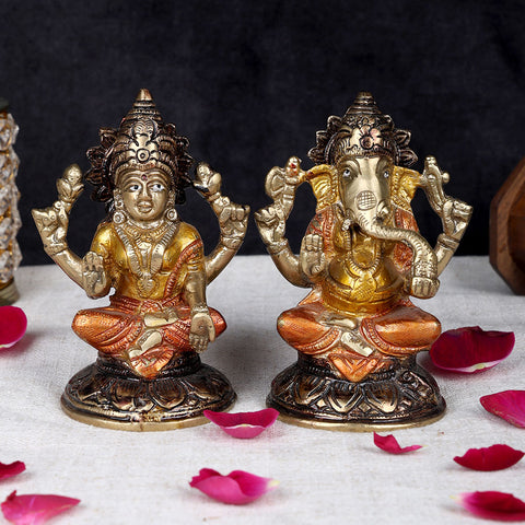5 inch brass Laxmi Ganesha pair idol for home temple, worship, and prosperity, traditional handcrafted brass idol for pooja and festive décor. No.1 Brass Idol Store www.satvikworld.com
