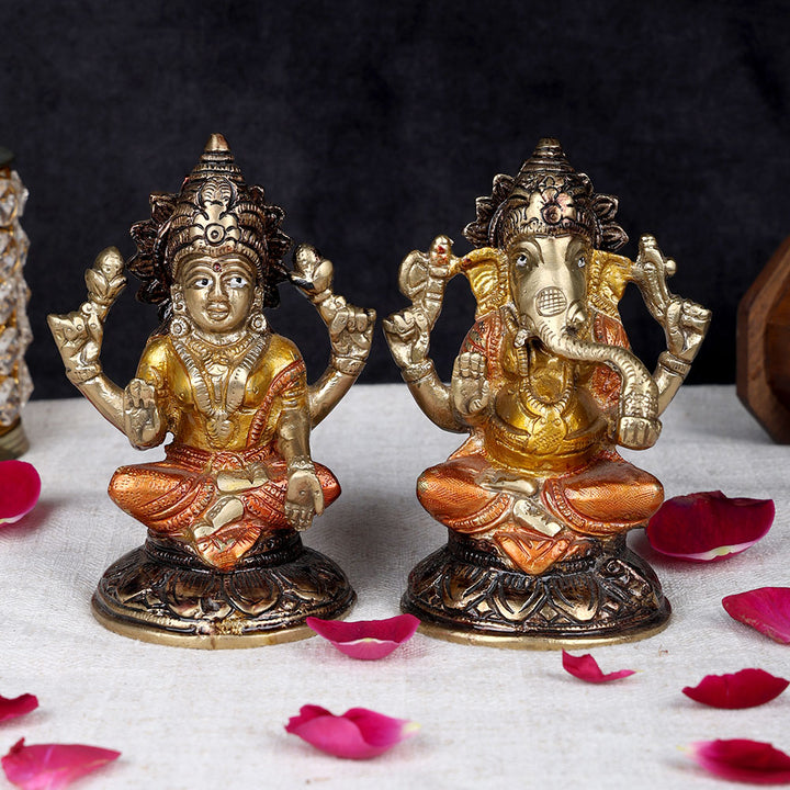 5 inch brass Laxmi Ganesha pair idol for home temple, worship, and prosperity, traditional handcrafted brass idol for pooja and festive décor. No.1 Brass Idol Store www.satvikworld.com
