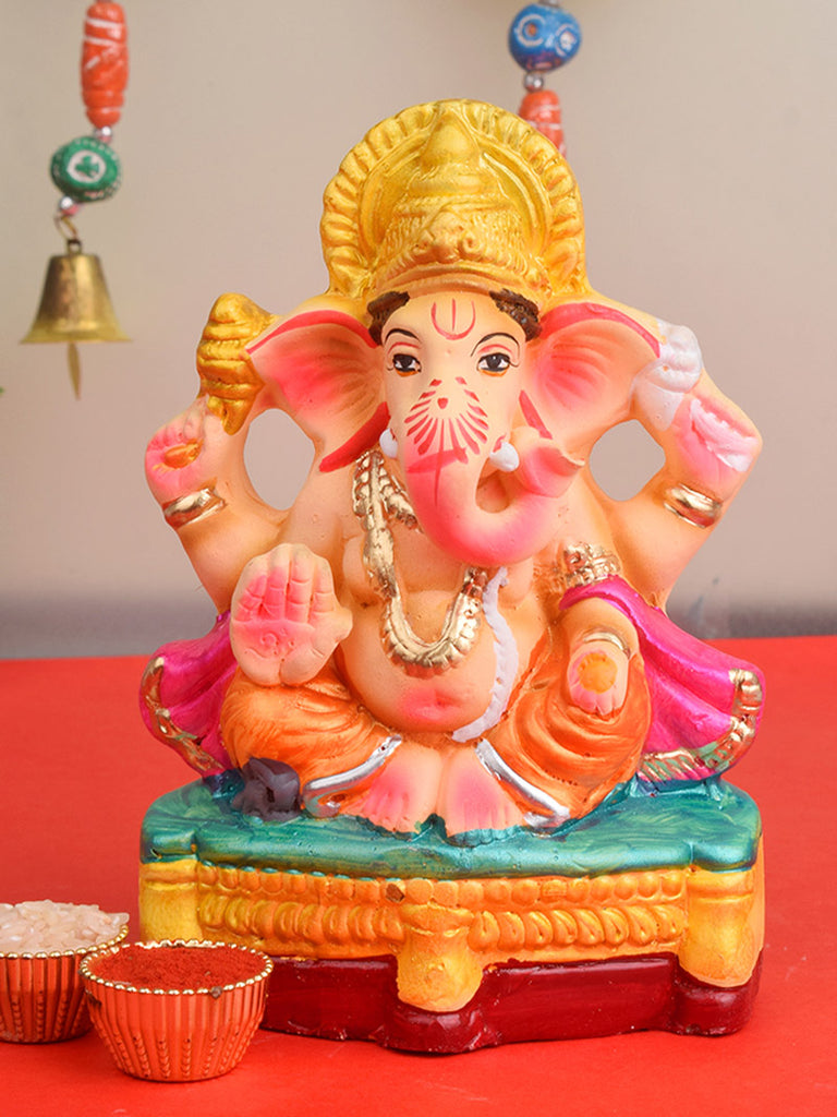 6-inch eco-friendly Ganesha idol made from natural clay and hand-painted in vibrant organic colors, ideal for small home pujas and sustainable Ganesh Chaturthi celebrations India’s Largest Pooja Accessories Brand – www.satvikworld.com