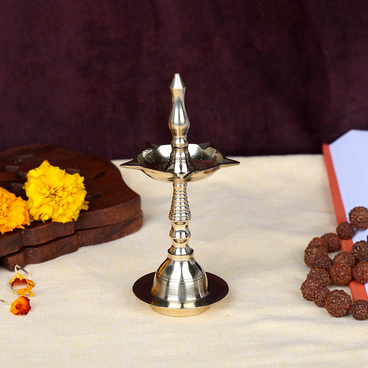 6 Inch Beautiful Brass Kerala Inauguration Diya Deepam for pooja and home decor.  India’s Largest Pooja Accessories Brand – www.satvikworld.com
