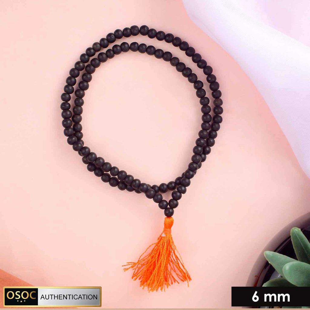 6mm government-certified ebony mala with 108+1 beads, crafted for meditation, japa, and spiritual rituals. India’s Premium Jap Mala Store - www.satvikworld.com