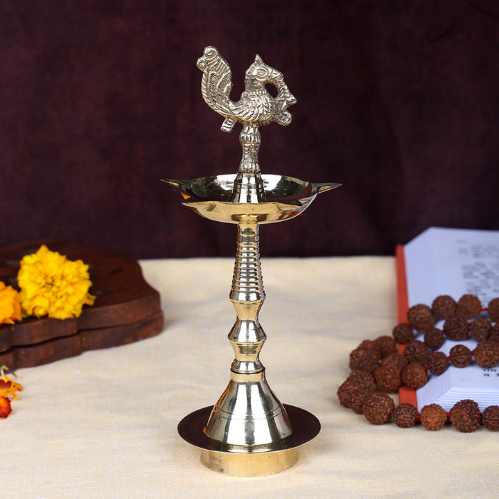 7.6 Inch Brass Peacock Kerala Diya Deepam for pooja and traditional decor. India’s Largest Pooja Accessories Brand – www.satvikworld.com
