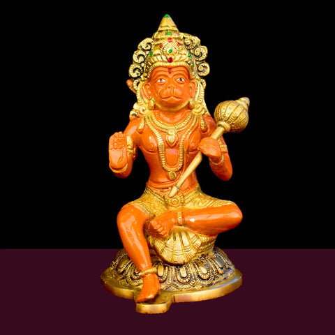 7.9 Inch Shree Kesari Hanuman Sitting Brass Idol with fine detailing, symbolizing strength, devotion, and protection – perfect for pooja room, home temple, or as a spiritual gift. No.1 Brass Idol Store www.satvikworld.com