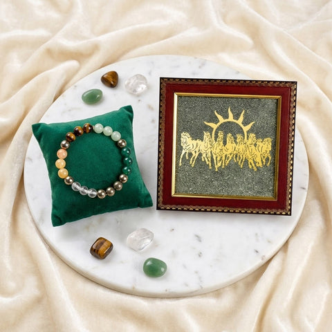 7 Horse Pyrite Frame with Dhanyog Stone Bracelet Combo for Home and Office Décor – Vastu Prosperity and Positive Energy. India’s Largest Puja Accessories Brand- www.satvikworld.com