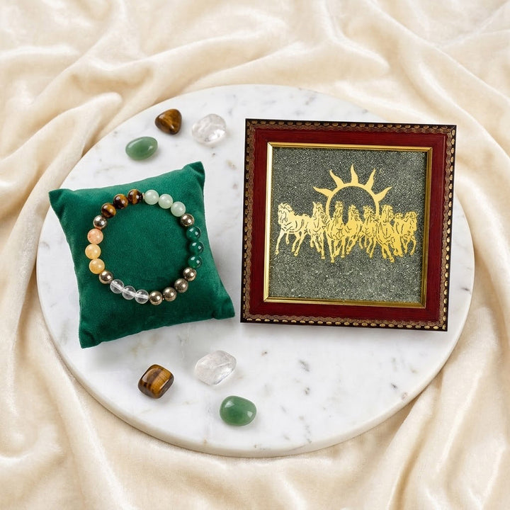 7 Horse Pyrite Frame with Dhanyog Stone Bracelet Combo for Home and Office Décor – Vastu Prosperity and Positive Energy. India’s Largest Puja Accessories Brand- www.satvikworld.com