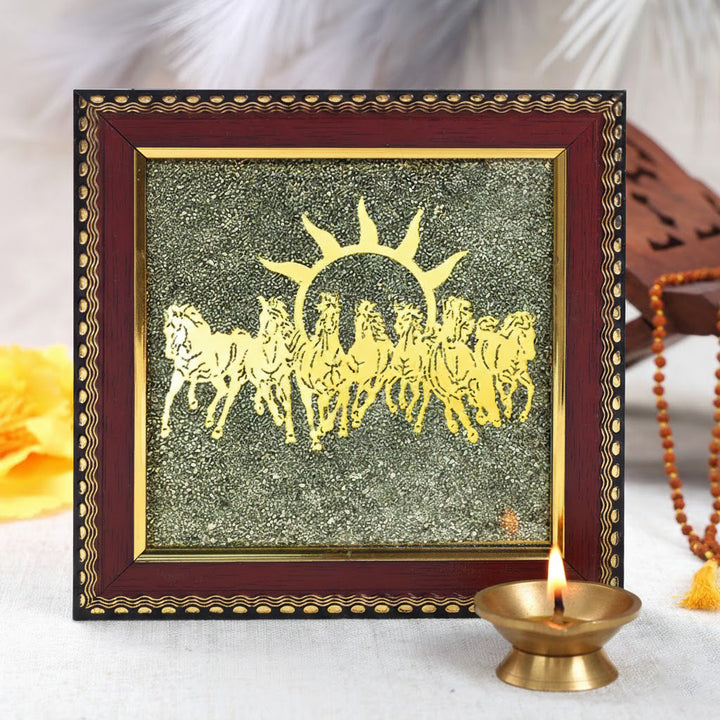 7 horses raw pyrite crystal frame for wealth and vastu benefits. India’s Largest Puja Accessories Brand- www.satvikworld.com