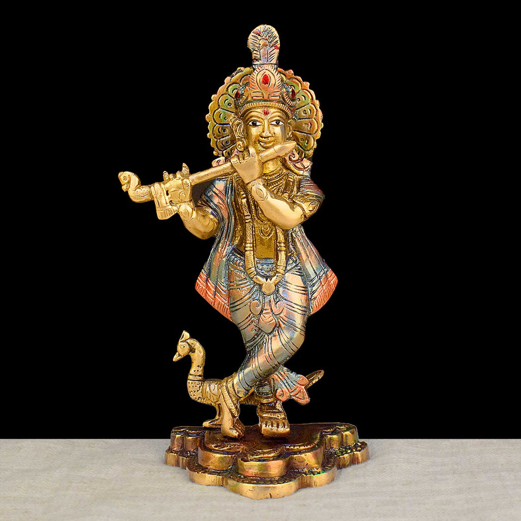 8.1-inch Lord Krishna brass murti featuring intricate detailing, perfect for spiritual home decor, temple worship, and devotional gifting. India’s Largest Brass Idols Brand - www.satvikworld.com