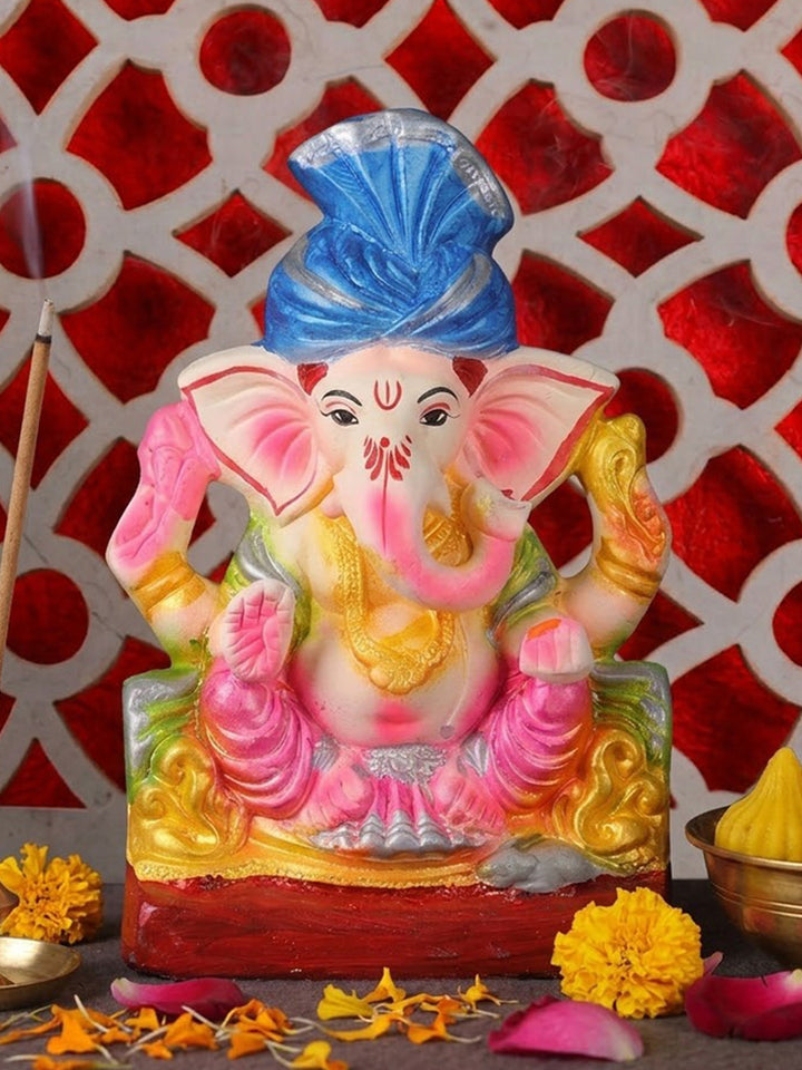 8 Inch Eco Friendly Ganesha Idol with Royal Blue Pagdi | India’s Largest Pooja Accessories Brand – www.satvikworld.com