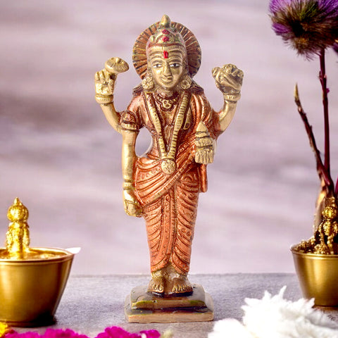 Shree Dhanvantari brass statue, intricately crafted to represent the divine avatar of health and wellness, holding medicinal herbs and amrit. Perfect for promoting health, prosperity, and well-being in your home or temple. India’s Largest Pooja Accessories Brand – www.satvikworld.com