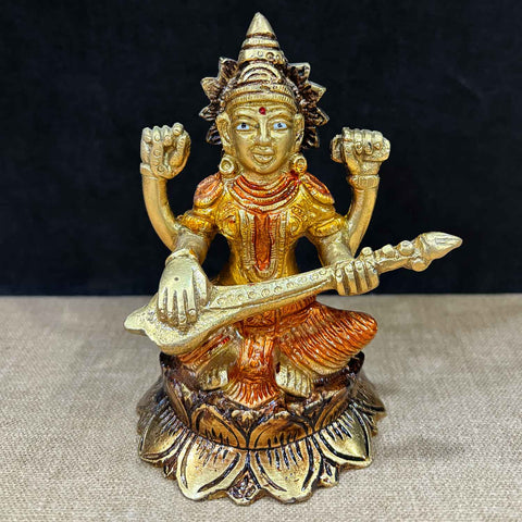 4.5-inch handcrafted Saraswati statue, beautifully crafted to depict the Goddess of wisdom, knowledge, and arts, holding her veena and book. Ideal for worship, gifting, or home décor. India’s Largest Pooja Accessories Brand – www.satvikworld.com