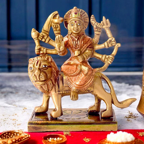 Exquisite brass Durga Maa idol, intricately crafted to capture the divine strength and grace of Goddess Durga. Perfect for pooja rooms, home temples, or as a symbol of protection and power. India’s Largest Pooja Accessories Brand – www.satvikworld.com