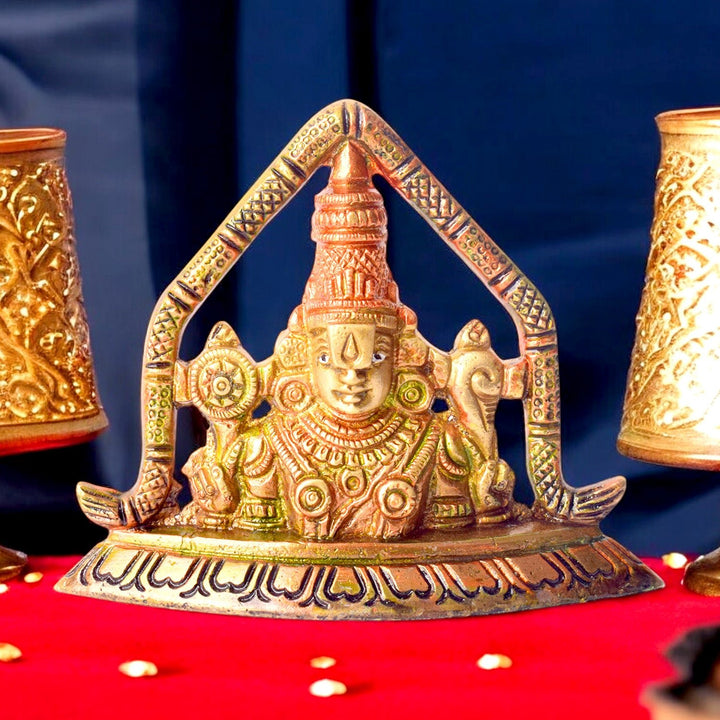 Beautifully crafted Venkateshvara idol, intricately designed in brass, depicting Lord Venkateshvara in a serene and divine posture, symbolizing blessings, prosperity, and devotion. Ideal for worship or home décor. India’s Largest Pooja Accessories Brand – www.satvikworld.com