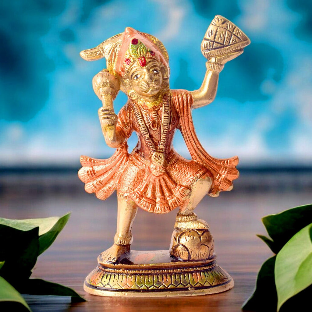 Radiant colored brass Sanjivani Hanuman idol, beautifully crafted to depict Lord Hanuman in vibrant colors, symbolizing strength, devotion, and healing power. This idol is inspired by the Sanjivani herb story, ideal for pooja rooms, home temples, or as a spiritual gift. India’s Largest Pooja Accessories Brand – www.satvikworld.com
