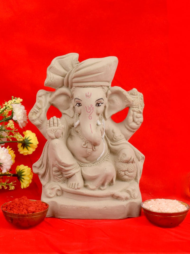 6.7 Inch Alampata Eco-Friendly Ganesha Idol in Raja Pose, plain natural clay finish with serene expression and traditional detailing. India’s Largest Pooja Accessories Brand – www.satvikworld.com
