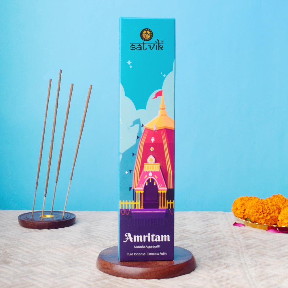 Amritam Pure Masala Incense Sticks pack for spiritual aroma, meditation, and relaxation. India’s Largest Pooja Accessories Brand - www.satvikworld.com