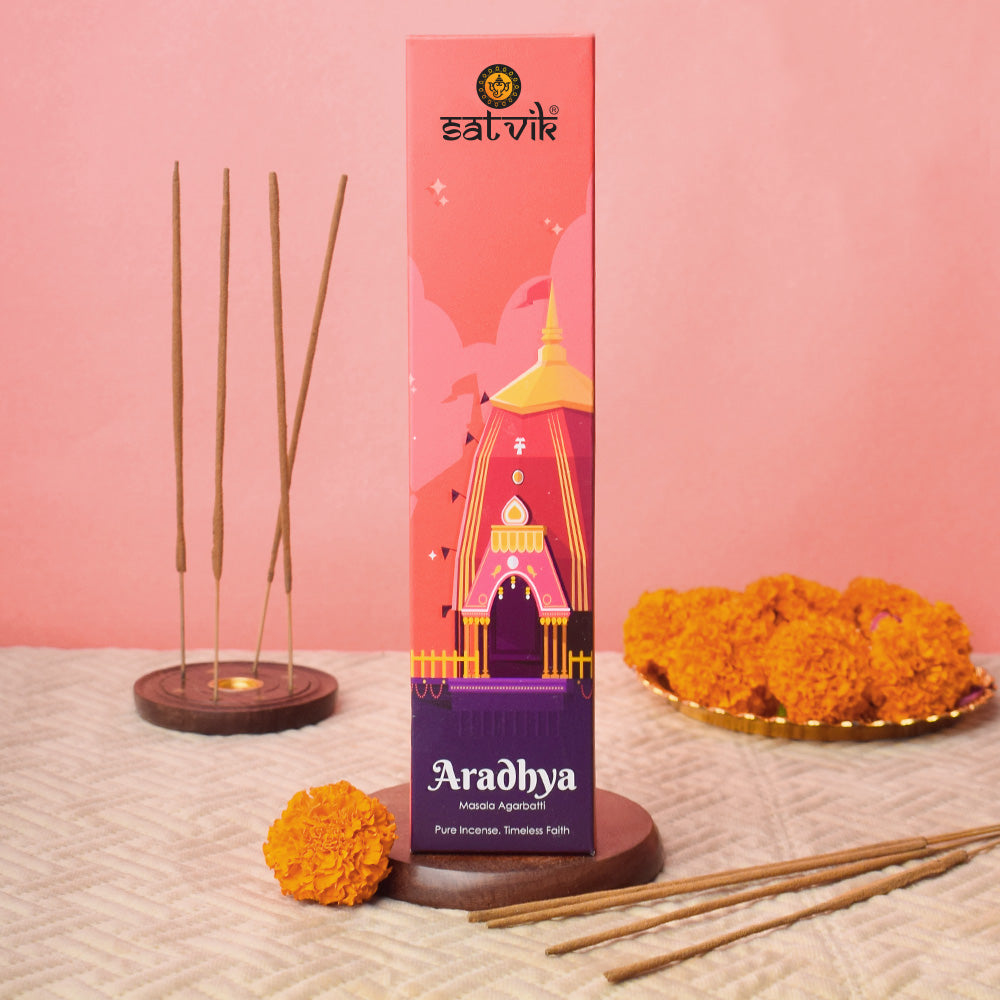 Aradhya Pure Masala Incense Sticks box for meditation, prayer, and relaxation. India’s Largest Pooja Accessories Brand - www.satvikworld.com