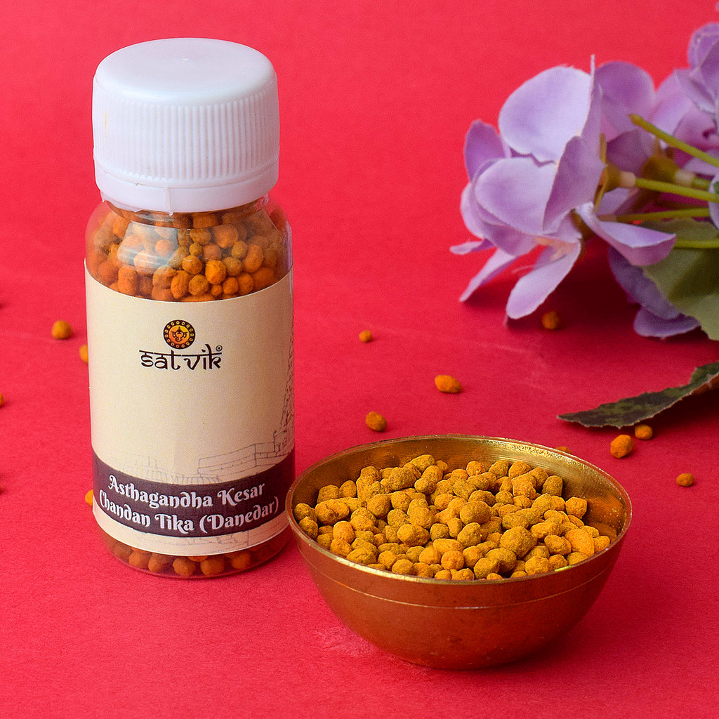 Ashtagandha Saffron Chandan Tika (Chandan Tilak) Danedar, a finely crafted sacred paste made from a blend of saffron, sandalwood, and Ashtagandha, used for applying tilak during religious poojas 