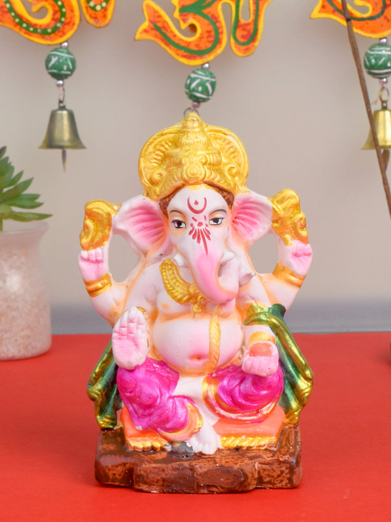 Auspicious 6-inch eco-friendly Ganesha idol made of natural clay, hand-painted with eco-safe colors, ideal for home puja and Ganesh Chaturthi celebrations. India’s Largest Pooja Accessories Brand – www.satvikworld.com