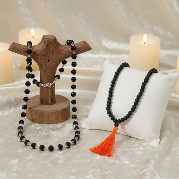 Government-certified Karungali mala with silver capping, designed for spiritual protection, energy enhancement, and meditation practices.India’s Premium Jap Mala Store - www.satvikworld.com. 
