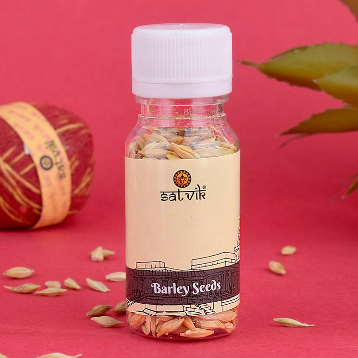 Barley seeds (Jau) arranged in a traditional bowl, used for Hawan, Puja rituals, and Navratri offerings in Hindu ceremonies. India’s Largest Pooja Accessories Brand – www.satvikworld.com