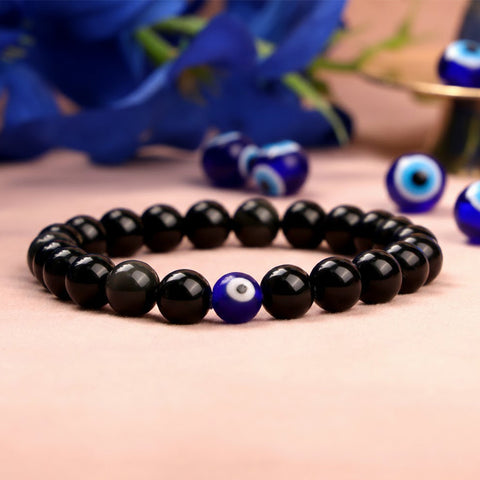 black obsidian evil eye healing stone bracelet for protection and grounding. India’s Largest Puja Accessories Brand- www.satvikworld.com