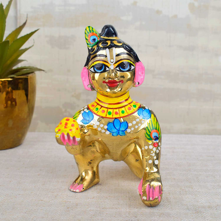 Brass Bal Gopal Idol (Size 7) depicting Laddu Gopal in a playful pose for home temple worship. India’s Largest Pooja Accessories Brand - www.satvikworld.com
