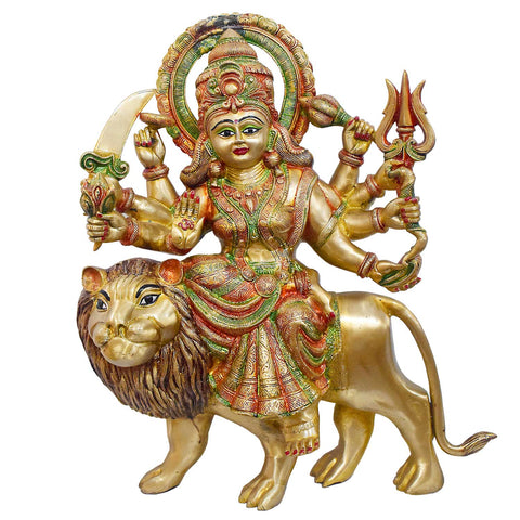 23 Inch Intricate Brass Durga Statue on Lion - Multi-Armed Goddess Idol