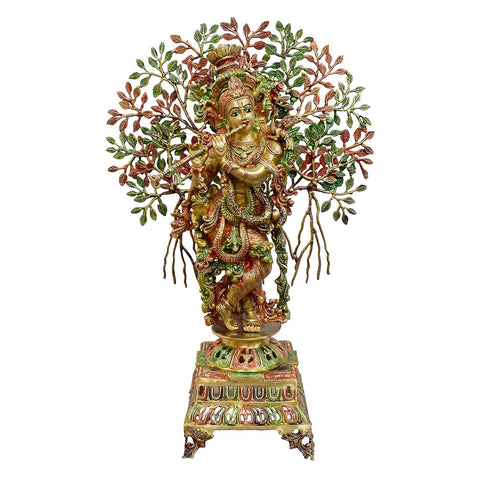 34 Inch Large Brass Krishna Under Kalpavriksha Tree Statue