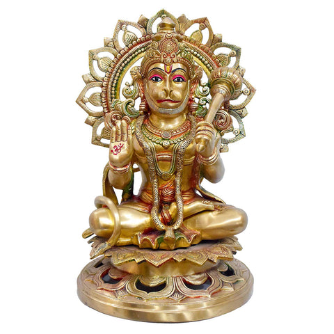 17 Inch Seated Brass Hanuman on Lotus Throne
