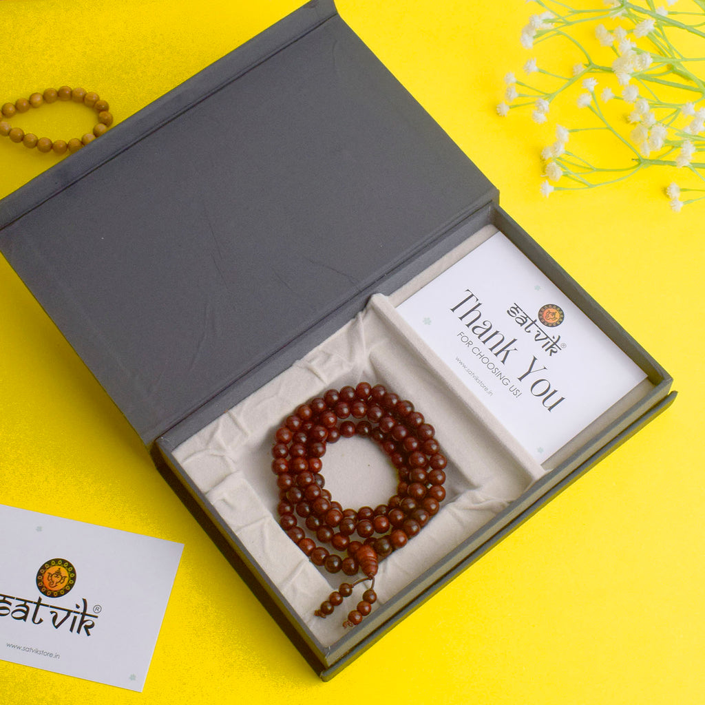 Certified 100% Original Authentic Red Sandalwood (Chandan) Jap Mala from Andhra Pradesh with 108+1 beads, crafted from premium quality red sandalwood, perfect for meditation, prayer, and spiritual rituals. India’s Largest Pooja Accessories Brand – www.satvikworld.com