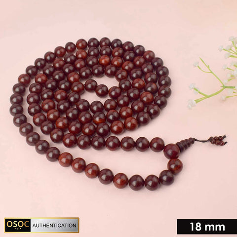 Certified 18mm 100% authentic pure red sandalwood Jap mala from Andhra Pradesh, handcrafted with smooth, polished beads for spiritual and meditative use. India’s Premium Jap Mala Store - www.satvikworld.com