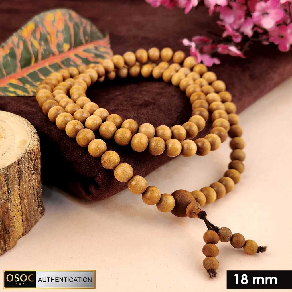Certified 18mm 100% original authentic Mysore white sandalwood (Chandan) jap mala, featuring extra-large, finely polished beads for meditation, chanting, and spiritual practices. India’s Premium Jap Mala Store - www.satvikworld.com