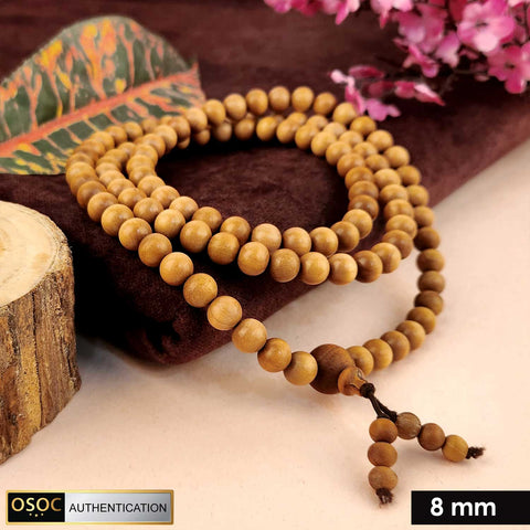 Certified 8mm 100% original authentic Mysore white sandalwood (Chandan) jap mala with smooth round beads, ideal for meditation, chanting, and spiritual rituals. India’s Premium Jap Mala Store - www.satvikworld.com