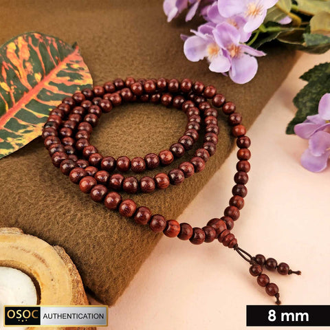 Certified 8mm 100% original authentic red sandalwood (Chandan) jap mala from Andhra Pradesh, featuring smooth round beads for meditation and spiritual practices.India’s Premium Jap Mala Store - www.satvikworld.com
