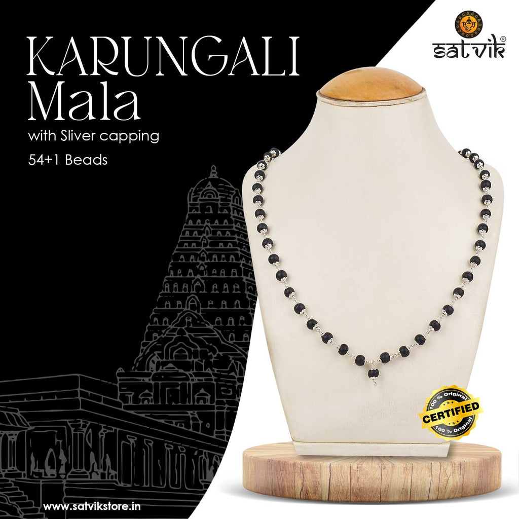 Certified Karungali Mala with Silver Capping – Deep Brown Beads for Spiritual Protection and Saturn Blessing. India’s Premium Rudraksha Jap Mala Store- www.satvikworld.com
