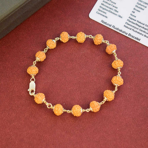 Certified Natural Rudraksha Bracelet with silver capping featuring peach beads for spiritual protection and daily wear. India’s Premium Rudraksha Jap Mala Store- www.satvikworld.com
