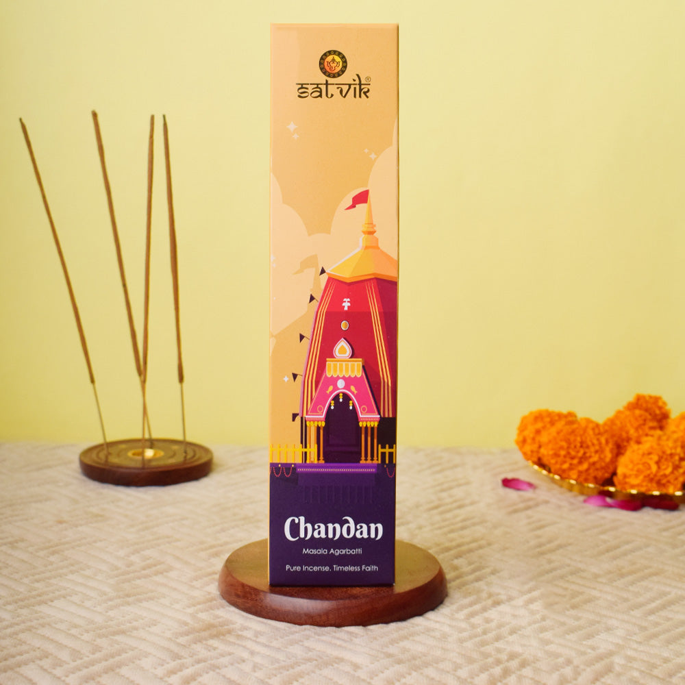 Chandan Pure Masala Incense Sticks box for pooja, meditation, and spiritual fragrance.India’s Largest Pooja Accessories Brand - www.satvikworld.com