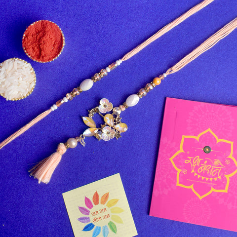 Designer Couple Rakhi Set for Bhaiya and Bhabhi with Roli Chawal and Ram Sita Stickers – Raksha Bandhan Gift Combo. India’s Largest Brass Idols Brand - www.satvikworld.com