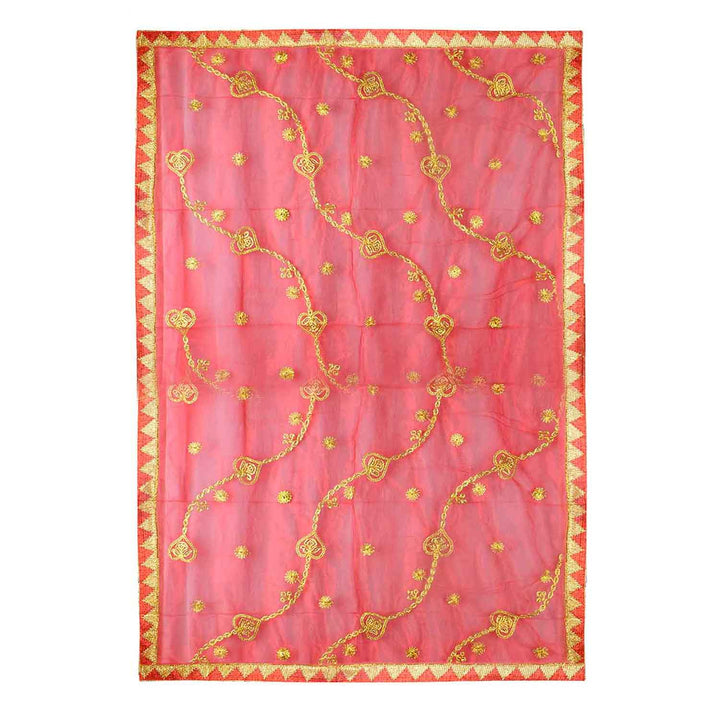 Traditional Pink Pooja Chunri with Golden Embroidered Design – 103x220 cm (40.5x86.6 inches), perfect for Hindu rituals, temple decor, and festive celebrations like Diwali and Navratri in the USA.