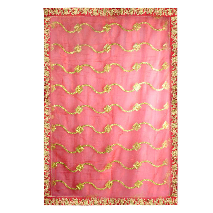 Add grace to your pooja ceremonies with this Pink and Gold Mata Chunri, measuring 214 cm x 102 cm. Adorned with gold wave patterns and a rich red border, it is perfect for Devi pooja, mandir altar decoration, and religious rituals during Navratri, Diwali, and other occasions.

Shop now at satvikworld.com for authentic Indian pooja essentials across the USA.