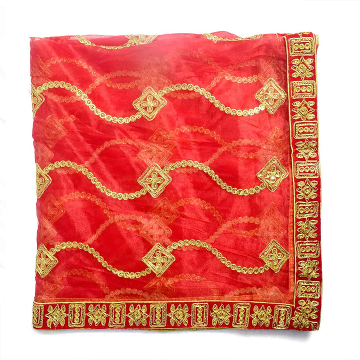 Add grace to your pooja ceremonies with this Pink and Gold Mata Chunri, measuring 214 cm x 102 cm. Adorned with gold wave patterns and a rich red border, it is perfect for Devi pooja, mandir altar decoration, and religious rituals during Navratri, Diwali, and other occasions.

Shop now at satvikworld.com for authentic Indian pooja essentials across the USA.